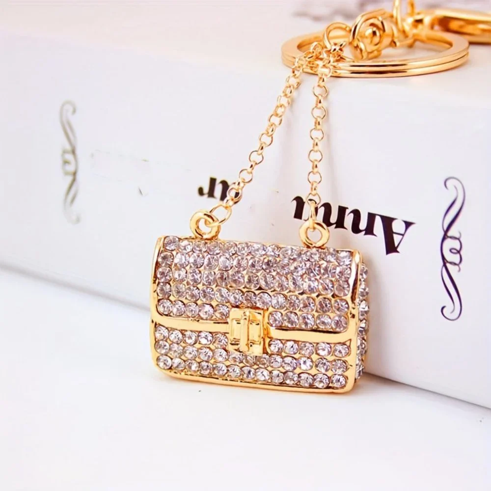 Rhinestone Decor Chain Bag Design Keychain Gorgeous Sparkling Metal Key Ring Bag